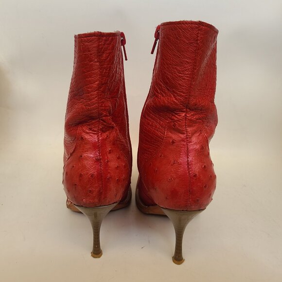 Vtg Goss Red Leather Ostrich Boots 6 Stiletto Pointed Toe Western Witchy Cowboy - Picture 5 of 16